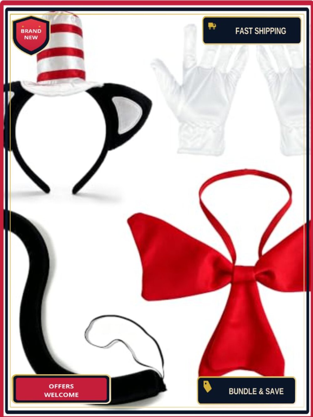 Adult 4-Piece Cat Costume Accessory Set Striped Headband Tail Bow Tie Gloves